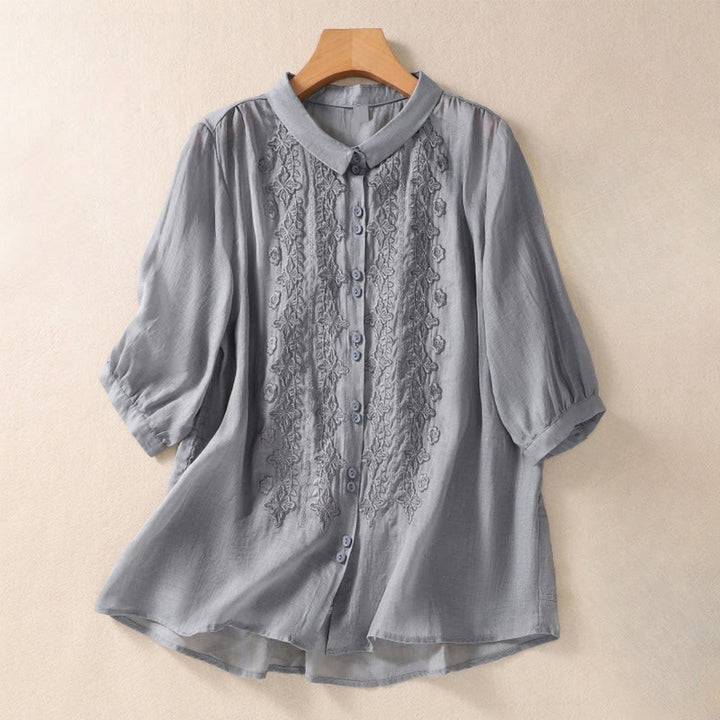 Chemise d'été en coton et lin pour femme, motif floral, broderie de boutons, manches trois-quarts, revers, motif Buddha Stones