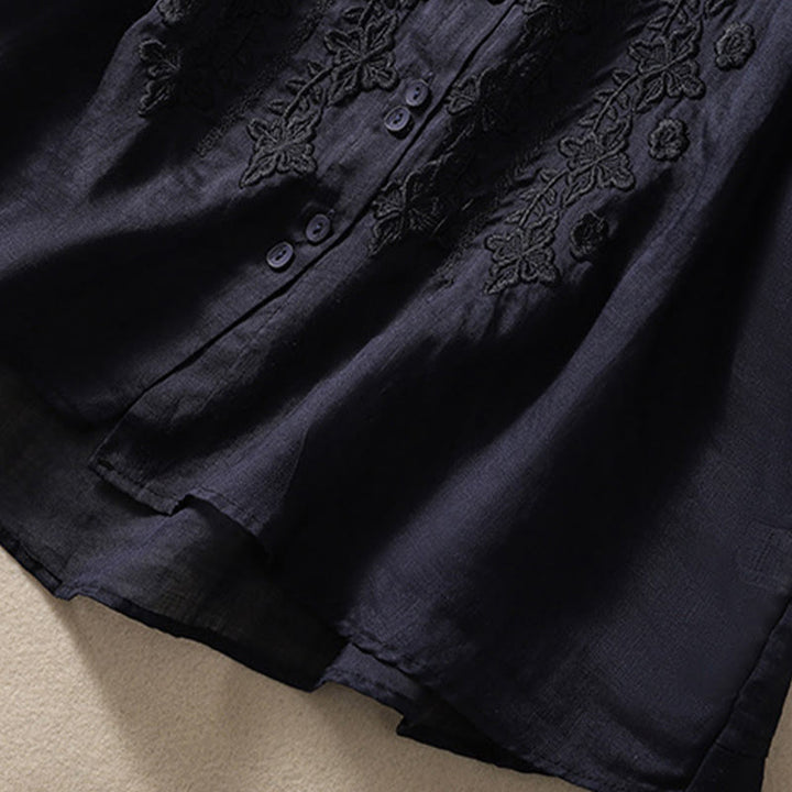 Chemise d'été en coton et lin pour femme, motif floral, broderie de boutons, manches trois-quarts, revers, motif Buddha Stones