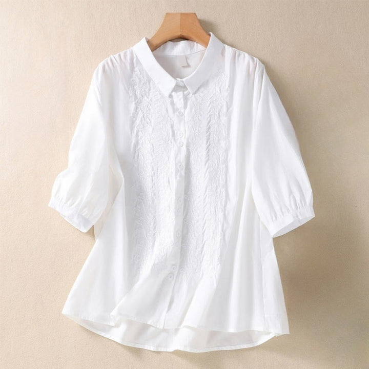 Chemise d'été en coton et lin pour femme, motif floral, broderie de boutons, manches trois-quarts, revers, motif Buddha Stones