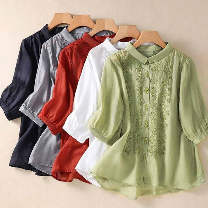 Chemise d'été en coton et lin pour femme, motif floral, broderie de boutons, manches trois-quarts, revers, motif Buddha Stones