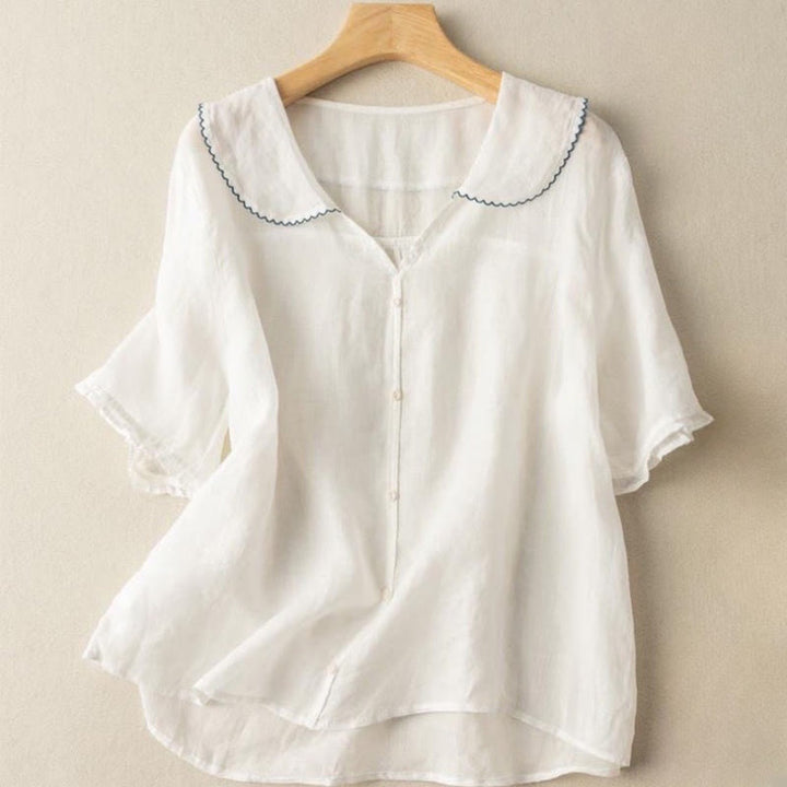 Chemise décontractée à manches mi-longues et col moyen pour femme avec boutons et Buddha Stones - Blanc - US12，UK/AU16，EU44 (2XL) - image 17