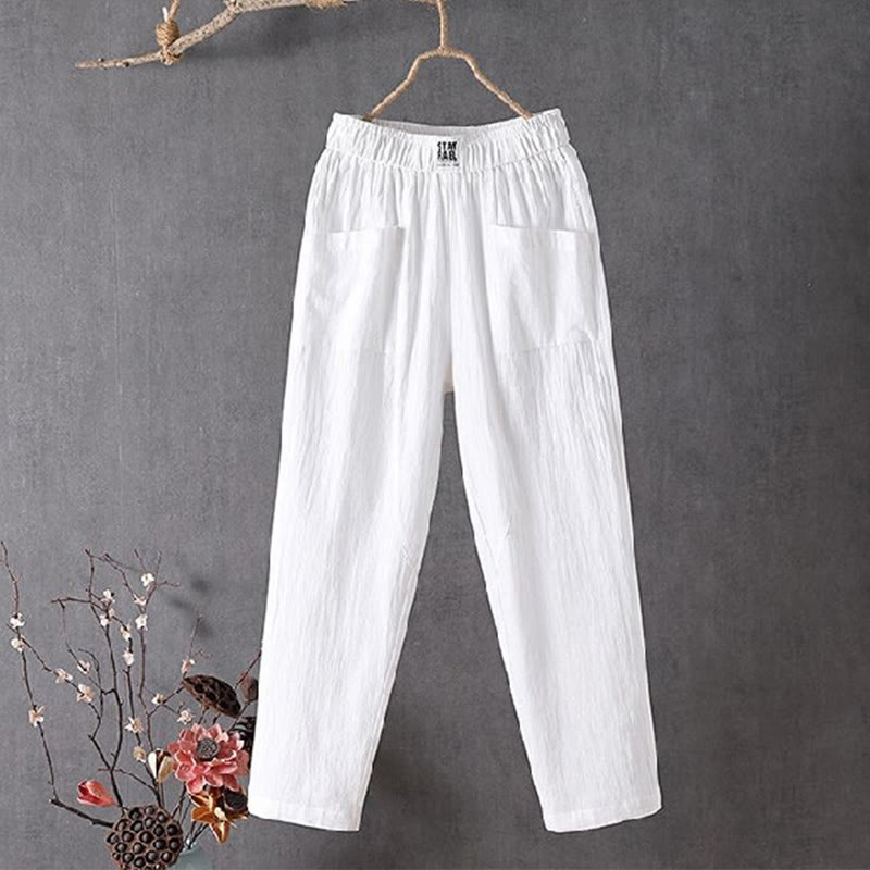 Pantalon sarouel d'été pour femme avec poches et taille élastique et motif Buddha Stones - Blanc - US14，UK/AU18，EU46 (4XL) - image 1