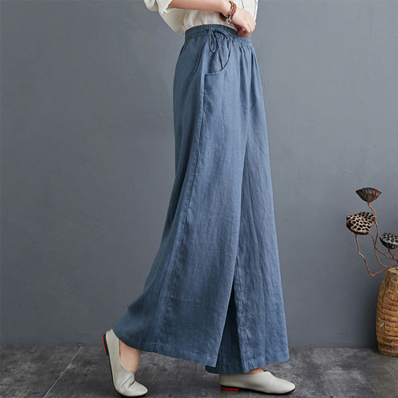 Pantalon large taille haute en coton et lin pour femme, avec poches, motif Buddha Stones, design simple et pur