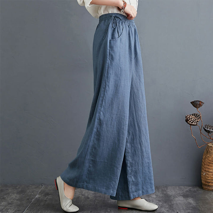 Pantalon large taille haute en coton et lin pour femme, avec poches, motif Buddha Stones, design simple et pur