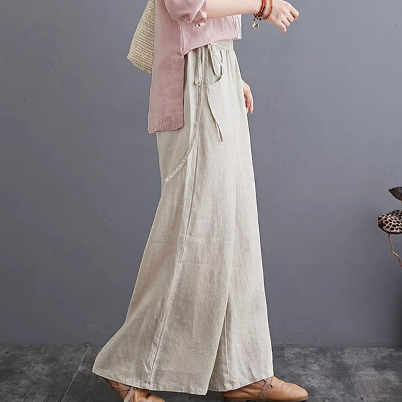 Pantalon large taille haute en coton et lin pour femme, avec poches, motif Buddha Stones, design simple et pur