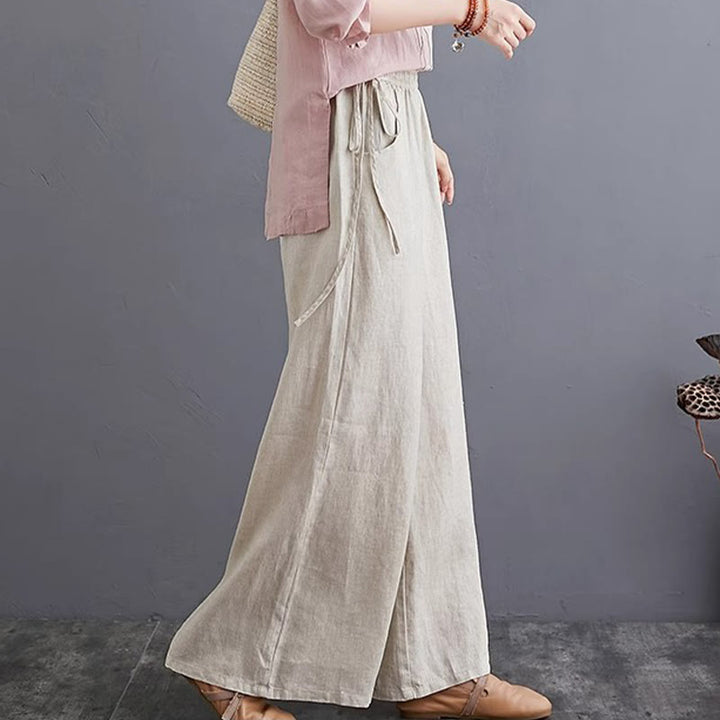 Pantalon large taille haute en coton et lin pour femme, avec poches, motif Buddha Stones, design simple et pur