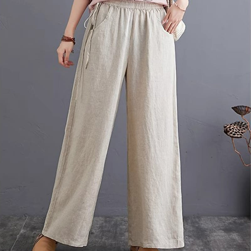 Pantalon large taille haute en coton et lin pour femme, avec poches, motif Buddha Stones, design simple et pur