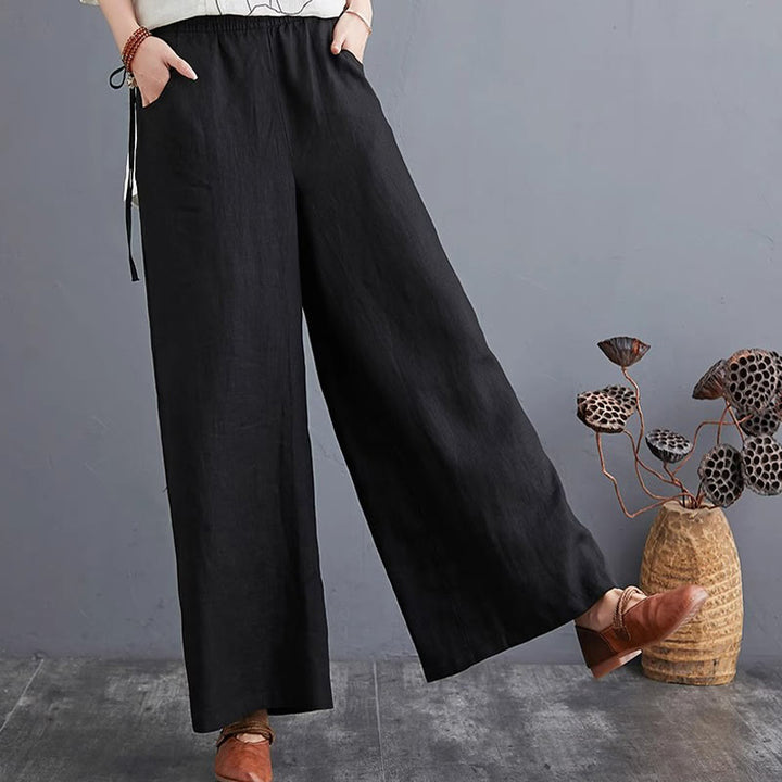 Pantalon large taille haute en coton et lin pour femme, avec poches, motif Buddha Stones, design simple et pur
