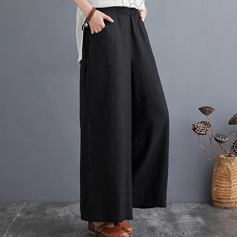 Pantalon large taille haute en coton et lin pour femme, avec poches, motif Buddha Stones, design simple et pur