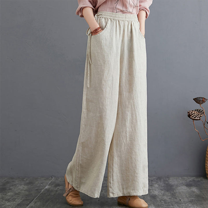 Pantalon large taille haute en coton et lin pour femme, avec poches, motif Buddha Stones, design simple et pur