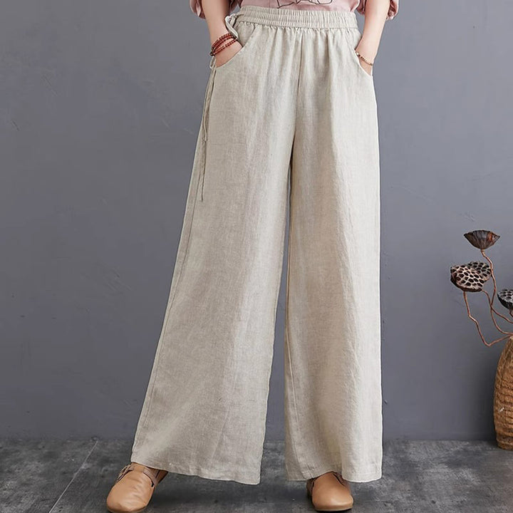 Pantalon large taille haute en coton et lin pour femme, avec poches, motif Buddha Stones, design simple et pur