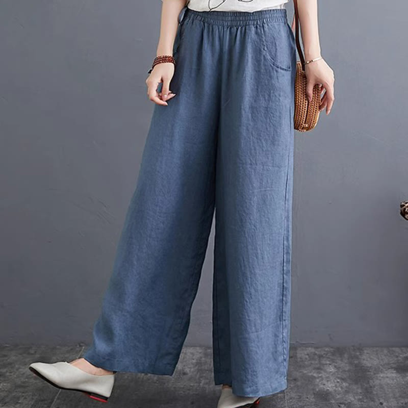 Pantalon large taille haute en coton et lin pour femme, avec poches, motif Buddha Stones, design simple et pur