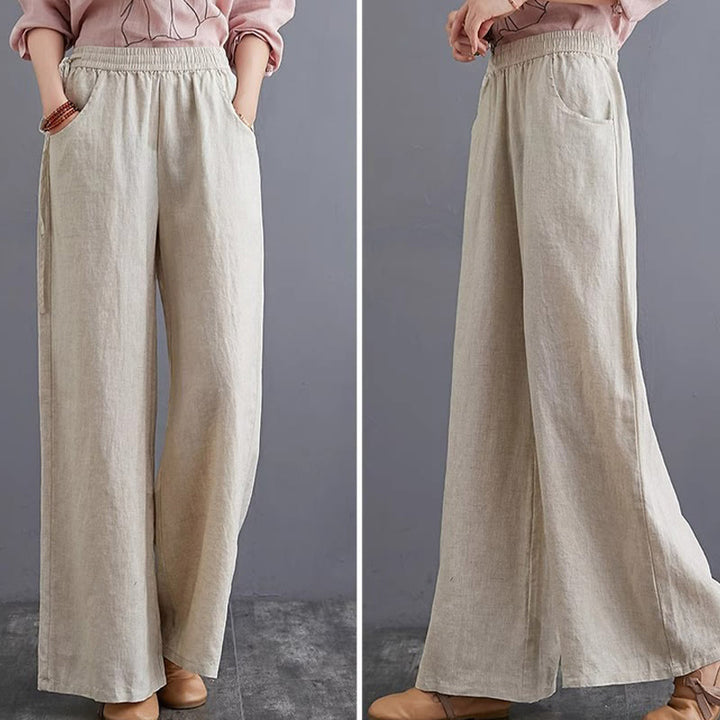 Pantalon large taille haute en coton et lin pour femme, avec poches, motif Buddha Stones, design simple et pur