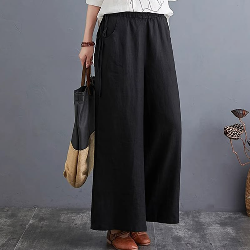 Pantalon large taille haute en coton et lin pour femme, avec poches, motif Buddha Stones, design simple et pur
