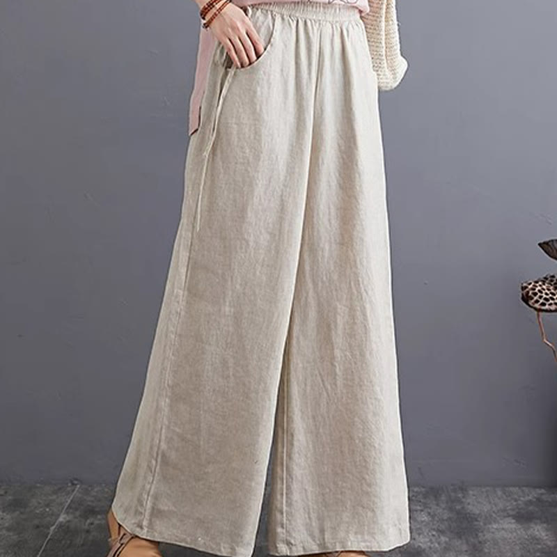 Pantalon large taille haute en coton et lin pour femme, avec poches, motif Buddha Stones, design simple et pur