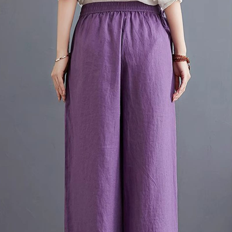 Pantalon large taille haute en coton et lin pour femme, avec poches, motif Buddha Stones, design simple et pur