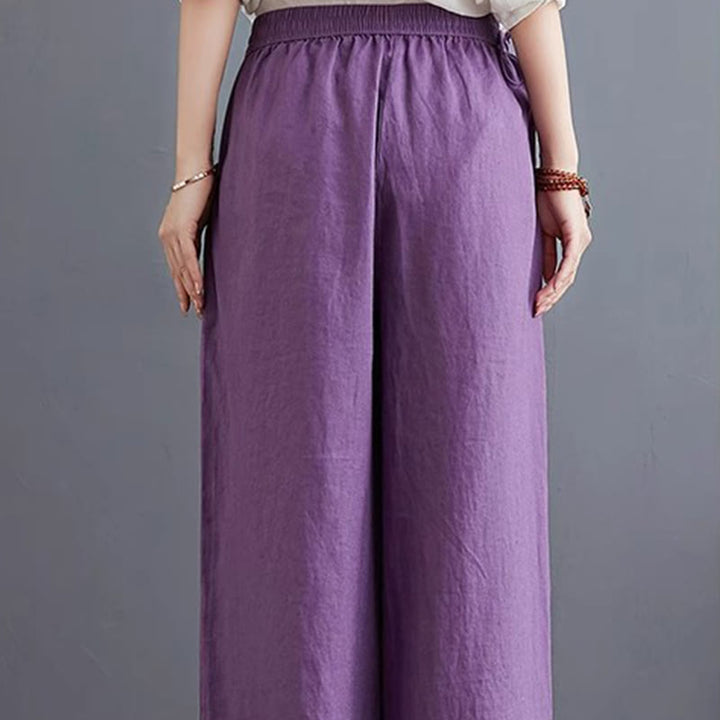 Pantalon large taille haute en coton et lin pour femme, avec poches, motif Buddha Stones, design simple et pur