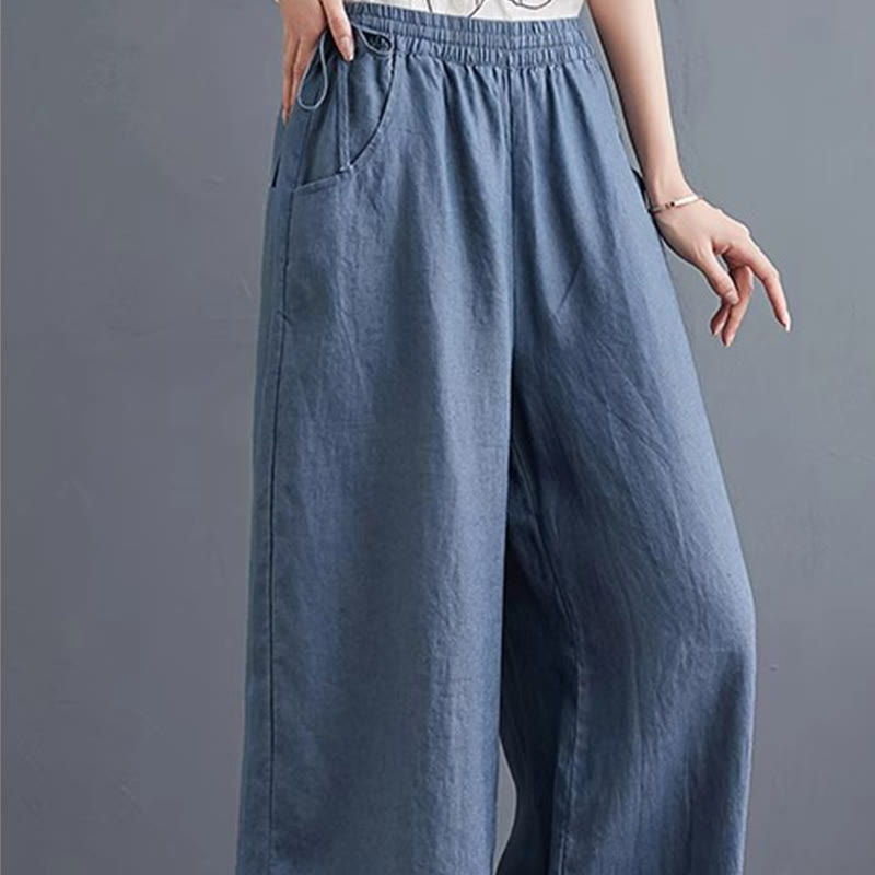 Pantalon large taille haute en coton et lin pour femme, avec poches, motif Buddha Stones, design simple et pur