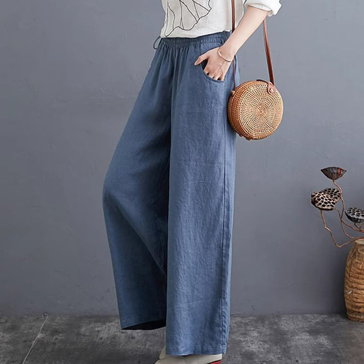 Pantalon large taille haute en coton et lin pour femme, avec poches, motif Buddha Stones, design simple et pur