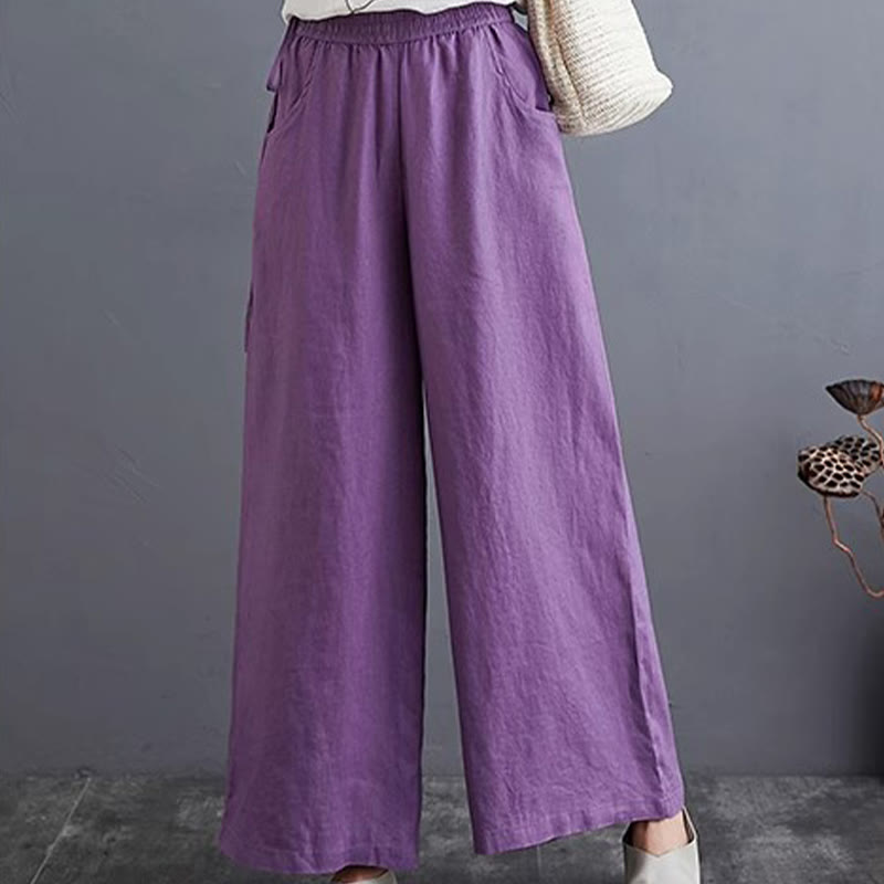 Pantalon large taille haute en coton et lin pour femme, avec poches, motif Buddha Stones, design simple et pur