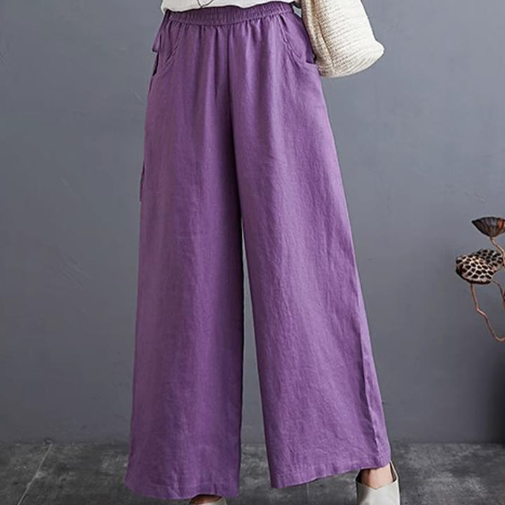 Pantalon large taille haute en coton et lin pour femme, avec poches, motif Buddha Stones, design simple et pur