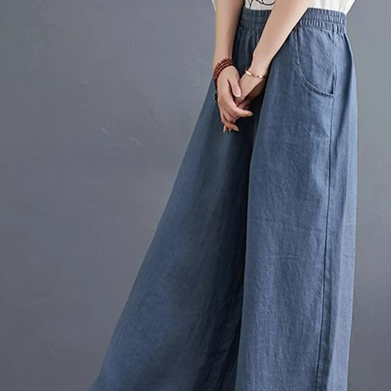 Pantalon large taille haute en coton et lin pour femme, avec poches, motif Buddha Stones, design simple et pur