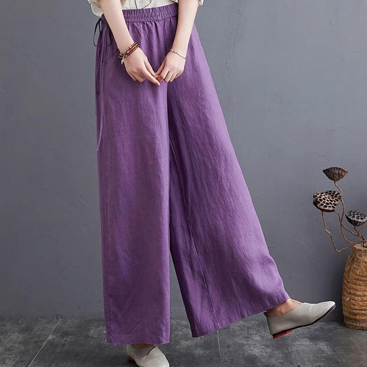 Pantalon large taille haute en coton et lin pour femme, avec poches, motif Buddha Stones, design simple et pur