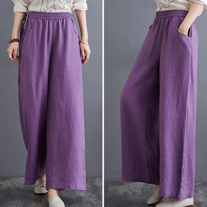 Pantalon large taille haute en coton et lin pour femme, avec poches, motif Buddha Stones, design simple et pur