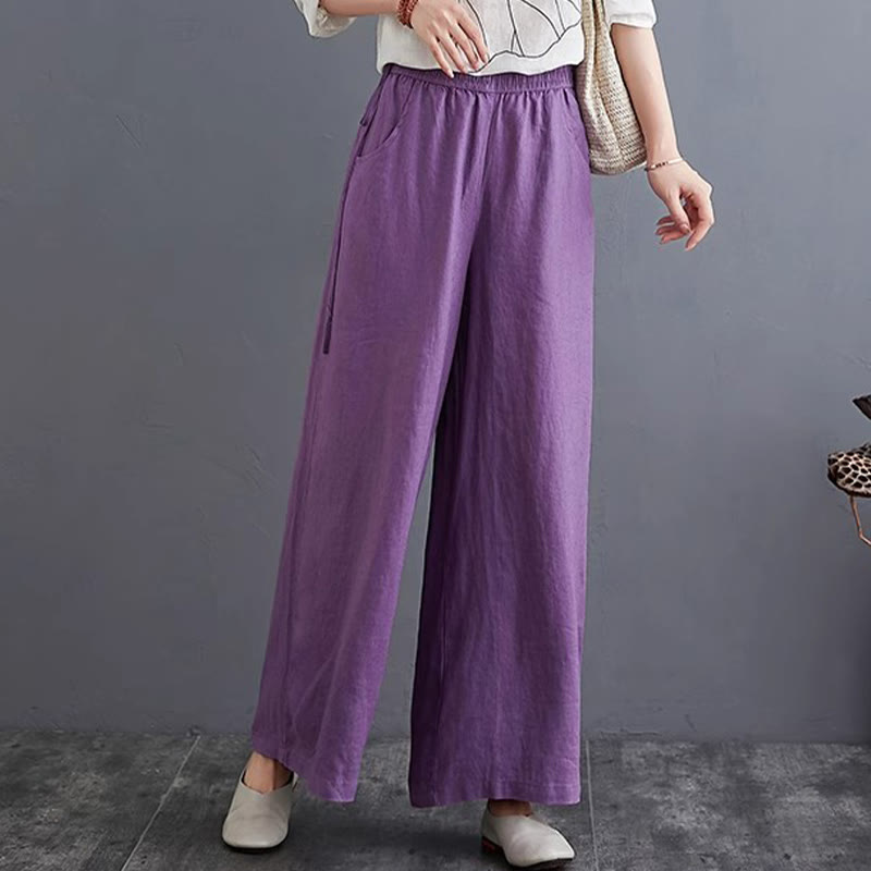 Pantalon large taille haute en coton et lin pour femme, avec poches, motif Buddha Stones, design simple et pur