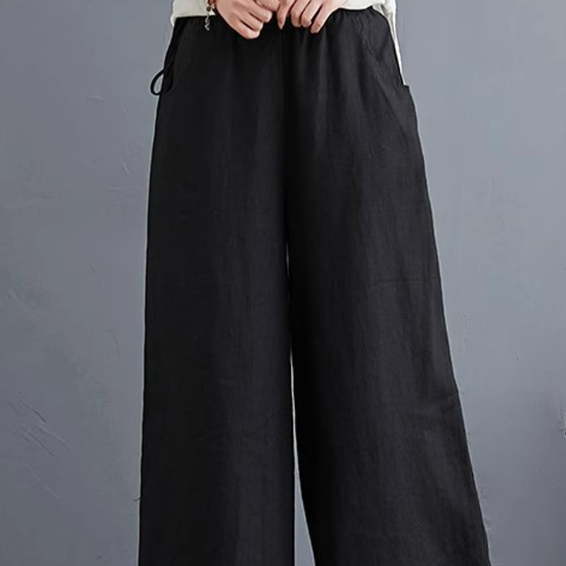 Pantalon large taille haute en coton et lin pour femme, avec poches, motif Buddha Stones, design simple et pur