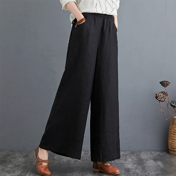 Pantalon large taille haute en coton et lin pour femme, avec poches, motif Buddha Stones, design simple et pur