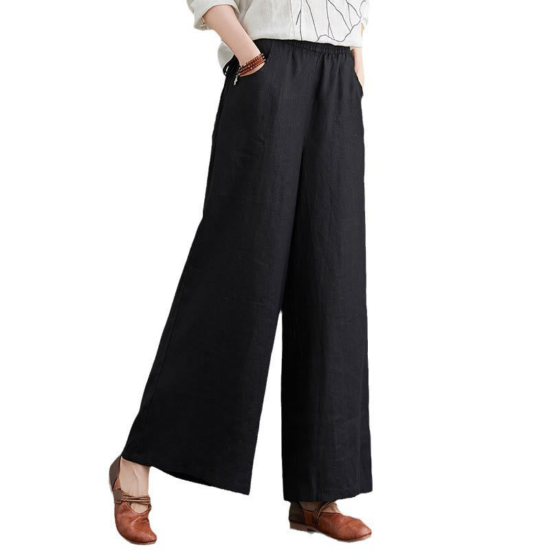 Pantalon large taille haute en coton et lin pour femme, avec poches, motif Buddha Stones, design simple et pur