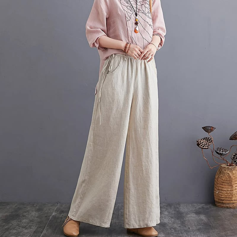 Pantalon large taille haute en coton et lin pour femme, avec poches, motif Buddha Stones, design simple et pur