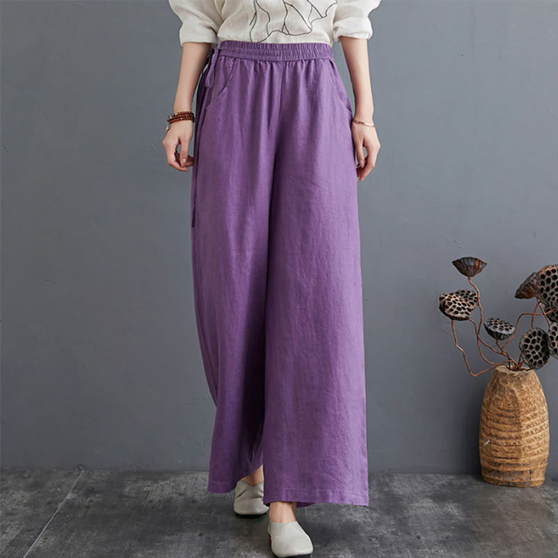 Pantalon large taille haute en coton et lin pour femme, avec poches, motif Buddha Stones, design simple et pur