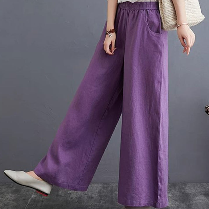Pantalon large taille haute en coton et lin pour femme, avec poches, motif Buddha Stones, design simple et pur