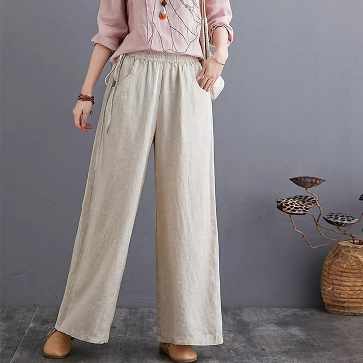 Pantalon large taille haute en coton et lin pour femme, avec poches, motif Buddha Stones, design simple et pur