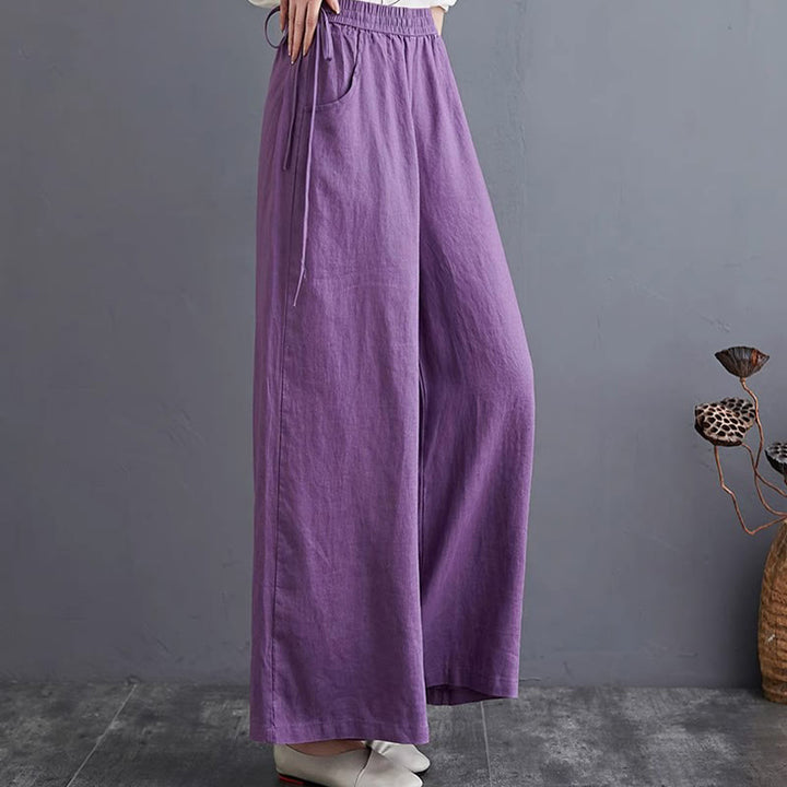 Pantalon large taille haute en coton et lin pour femme, avec poches, motif Buddha Stones, design simple et pur