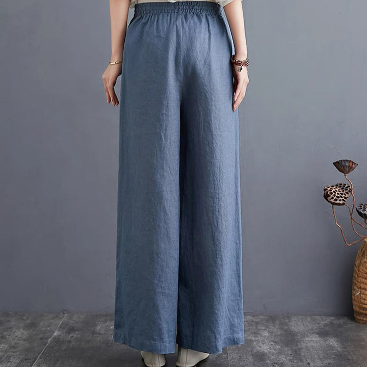 Pantalon large taille haute en coton et lin pour femme, avec poches, motif Buddha Stones, design simple et pur
