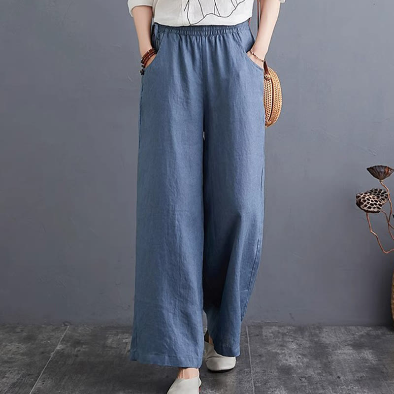 Pantalon large taille haute en coton et lin pour femme, avec poches, motif Buddha Stones, design simple et pur