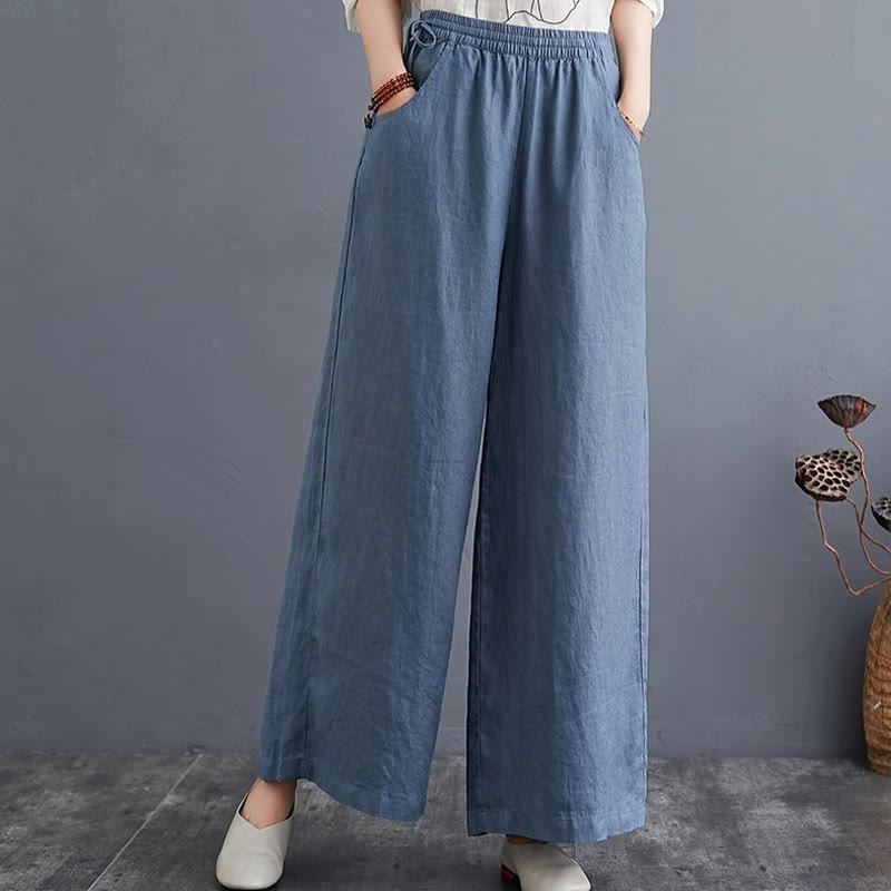 Pantalon large taille haute en coton et lin pour femme, avec poches, motif Buddha Stones, design simple et pur