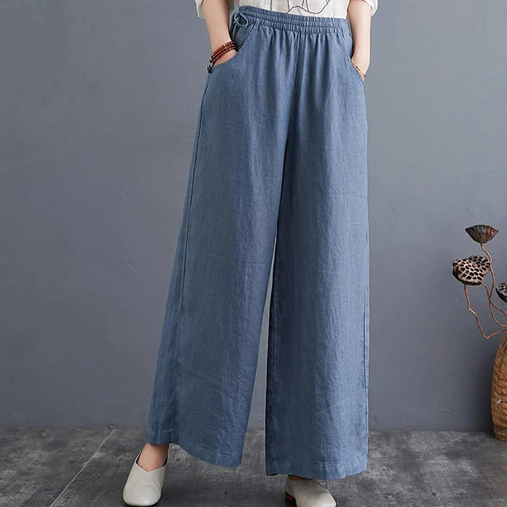 Pantalon large taille haute en coton et lin pour femme, avec poches, motif Buddha Stones, design simple et pur
