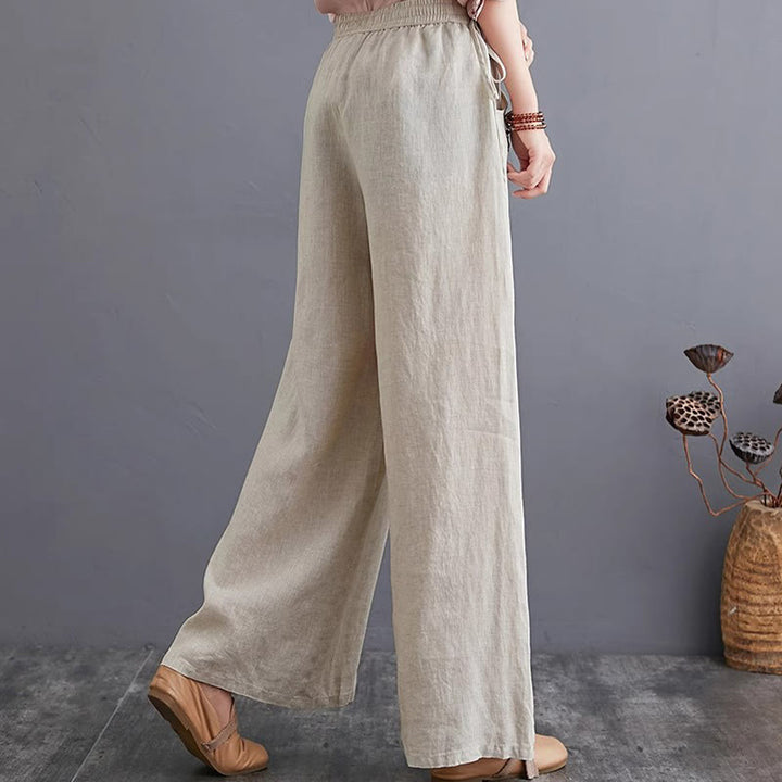 Pantalon large taille haute en coton et lin pour femme, avec poches, motif Buddha Stones, design simple et pur
