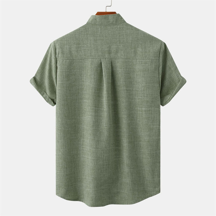 Chemise d'été en coton et lin à manches courtes et boutons pour homme avec poche Motif Buddha Stones