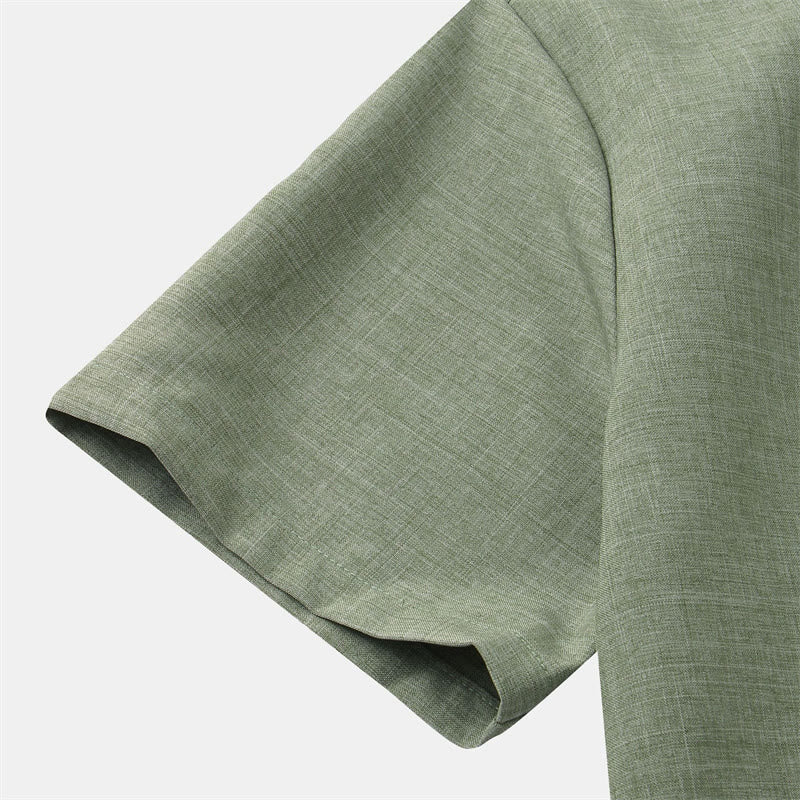 Chemise d'été en coton et lin à manches courtes et boutons pour homme avec poche Motif Buddha Stones