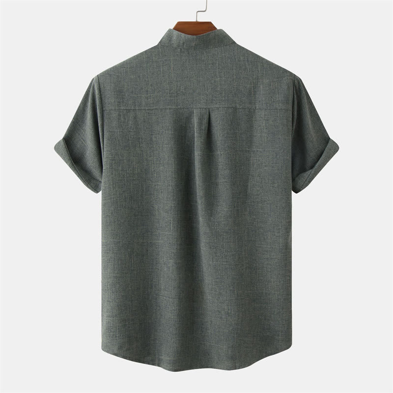 Chemise d'été en coton et lin à manches courtes et boutons pour homme avec poche Motif Buddha Stones