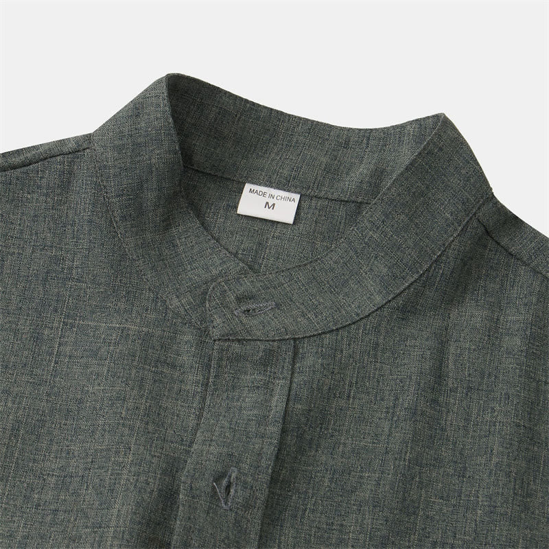 Chemise d'été en coton et lin à manches courtes et boutons pour homme avec poche Motif Buddha Stones