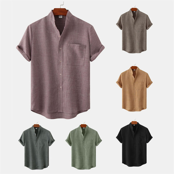 Chemise d'été en coton et lin à manches courtes et boutons pour homme avec poche Motif Buddha Stones
