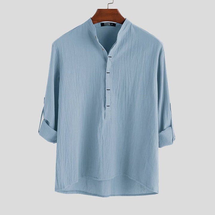 Chemises pour hommes en coton et lin à manches longues et demi-boutons, couleur unie, Buddha Stones - Bleu ciel clair - US/UK/AU42，EU52 (3XL) - image 3