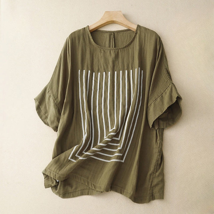 T-shirt décontracté à manches courtes en coton et lin pour femme, motif imprimé Buddha Stones - Olive - US12，UK/AU16，EU44 (2XL) - image 0