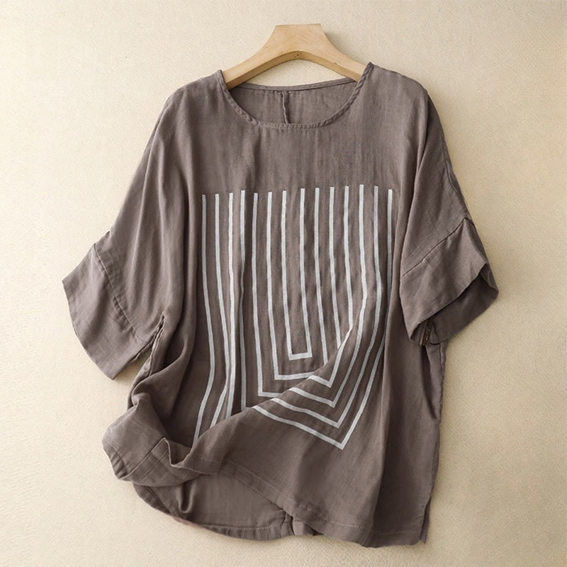 T-shirt décontracté à manches courtes en coton et lin pour femme, motif imprimé Buddha Stones - RosyBrown - US12，UK/AU16，EU44 (2XL) - image 18